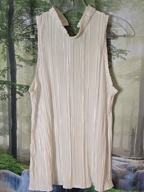 Cream Pleated Satin Blouse with Button Neck